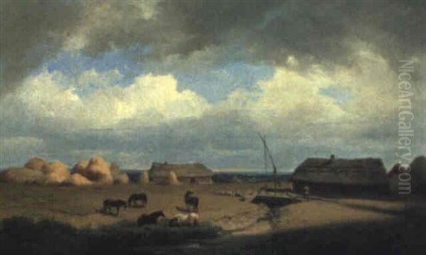 Landliches Motiv Mit Strohgedeckten Hausern Und Pferden Oil Painting by Ignaz Raffalt