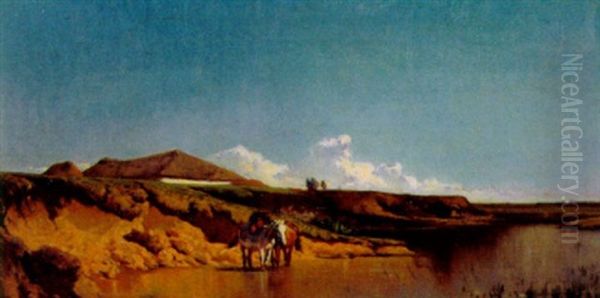 Pferde Am Flussufer In Der Puszta Oil Painting by Johann Gualbert Raffalt