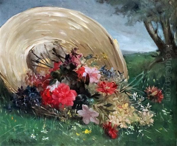 Still Life With Spray Of Mixed Flowers And Straw Hat On A Grassy Bank Oil Painting by Jules Felix Ragot