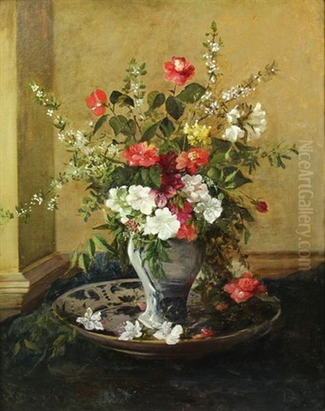 Bouquet De Fleurs Au Vase De Delft Oil Painting by Jules Felix Ragot