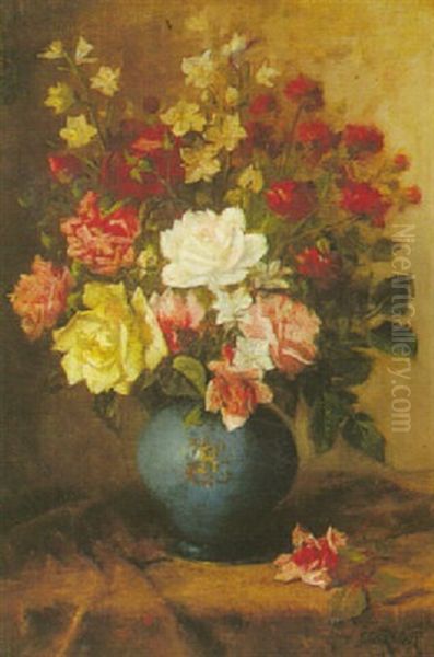 Flowers In A Blue Vase Oil Painting by Jules Felix Ragot