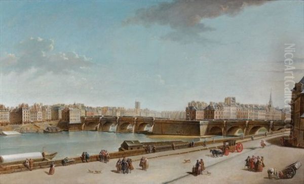 Vue De L'ile De La Cite Avec Le Pont Neuf Et La Pompe De La Samaritaine Oil Painting by Jean Baptiste Nicolas Raguenet