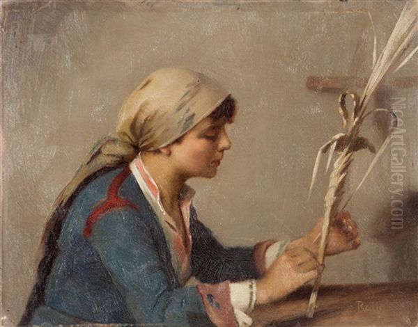 Young Girl Weaving Willow Branches Oil Painting by Theodore Jacques Ralli