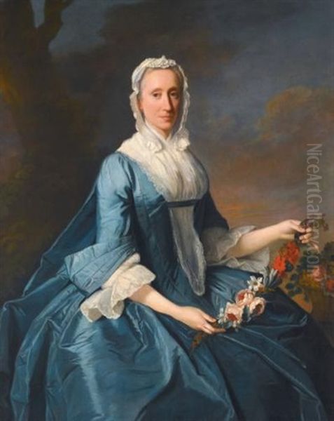 Portrait Of Miss Finch, Three-quarter Length, Seated, Holding A Garland Of Flowers Oil Painting by Allan Ramsay
