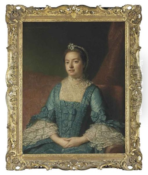 Portrait Of Sarah Verney, In A Blue Dress With Bows, With A Lace Bodice And Cuffs, Seated On A Red Sofa, A Draped Curtain Beyond Oil Painting by Allan Ramsay
