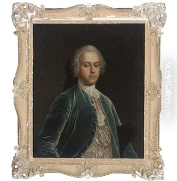 Portrait Of A Gentleman In A Blue Coat, White Embroidered Waistcoat And White Cravat Oil Painting by Allan Ramsay