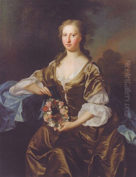 Portrait Of A Lady (anne Livingstone?) In A Brown Satin Dress And Blue Wrap, Holding A Garland Of Flowers, In A Landscape Oil Painting by Allan Ramsay