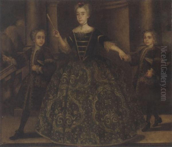 Portrait Of Dona Maria De Montaner Y Canglada And Her Two Sons, She In A Green Floral Embroidered Dress, A Fan In Her Right Hand, The Boys In Embroidered Brown Coats Oil Painting by Jean Ranc