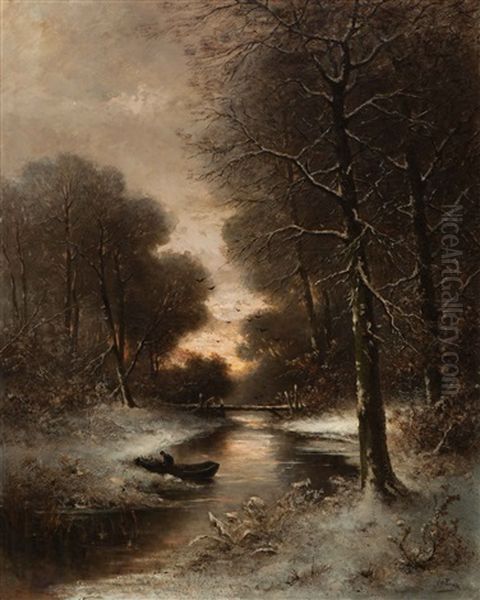 Moored Angler In A Winter Landscape Oil Painting by Sebastiaan de Ranitz