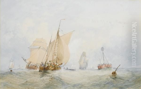 Congested Waters Off The Light Vessel; Haulingin The Nets At Close Quarters Oil Painting by Herbert Alfred Bone