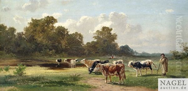 Kuhe Auf Der Weide Ol/lwd., Unten Rechts Signiert Oil Painting by Gustav Ranzoni