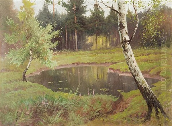 Small Lake In The Woods Oil Painting by Jozef Rapacki
