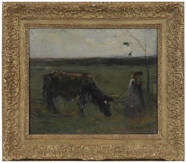 Cow And Woman In A Landscape Oil Painting by Joseph Morris Raphael
