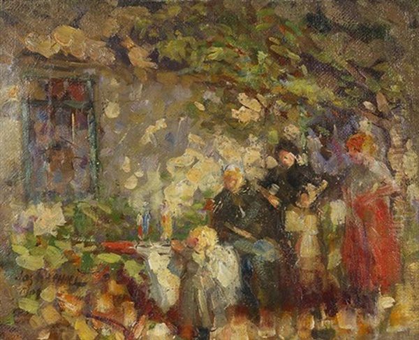 Untitled (figures By A Cottage Under A Tree) Oil Painting by Joseph Morris Raphael