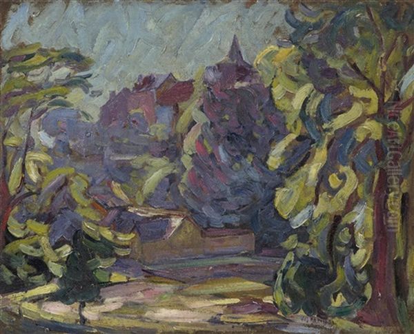 View Of Houses And A Church Through The Trees Oil Painting by Joseph Morris Raphael