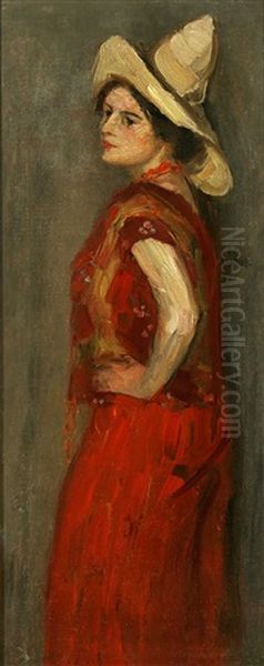 Woman In Red Vest & Large Hat Oil Painting by Joseph Morris Raphael