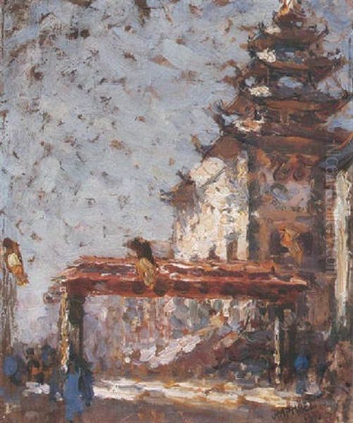 A Chinatown Gate And Pagoda Oil Painting by Joseph Morris Raphael