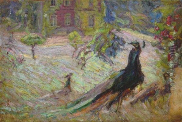 Peacocks In A Field, A House In The Distance Oil Painting by Joseph Morris Raphael