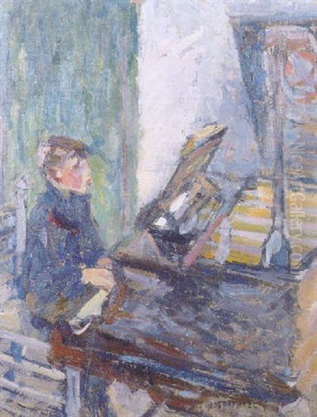 Piet: The Son Of The Artist Playing The Piano Oil Painting by Joseph Morris Raphael