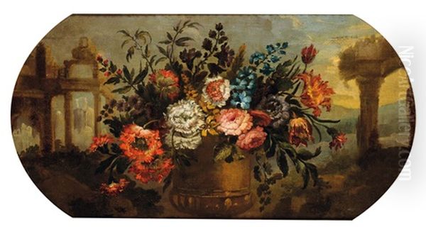 Natura Morta Con Vaso Di Fiori Tra Architetture Oil Painting by Michele Antonio Rapous