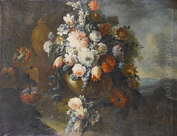 A Still Life Of Roses, Tulips, Carnations And Other Flowers In A Stone Vase...(+ A Still Life Of Poppies, Convolvulus, Roses And Other Flowers; Pair) Oil Painting by Michele Antonio Rapous