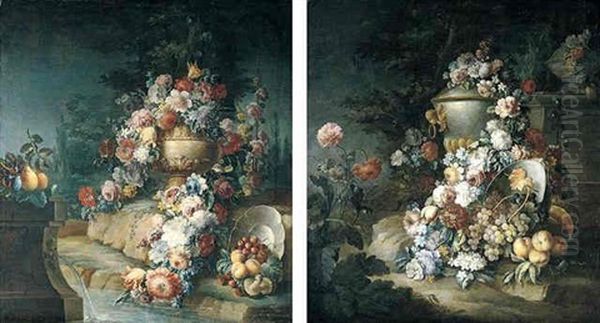 Still Life Of A Garland Of Flowers Draped On An Urn, Togther With Peaches, Grapes And Other Fruit In An Upturned Bowl, In A Garden Setting Oil Painting by Michele Antonio Rapous