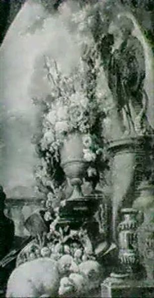 Nature Morte De Fleurs Et Fruits Et Moutons Pres D'une      Statue Antique Oil Painting by Michele Antonio Rapous