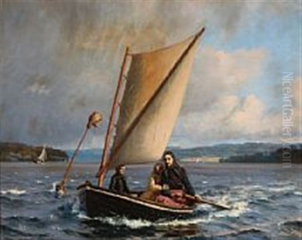 The Widow With Her Children In A Boat At Svendborgsund, Denmark Oil Painting by Carl (Jens Erik C.) Rasmussen