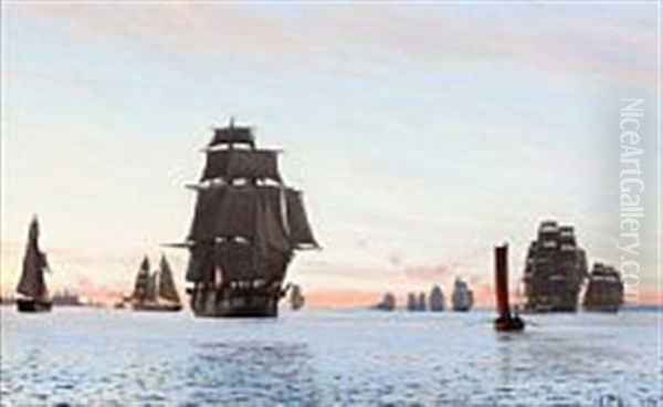 Sailings Ships At Sea Of Kronborg Castle, Denmark Oil Painting by Carl (Jens Erik C.) Rasmussen