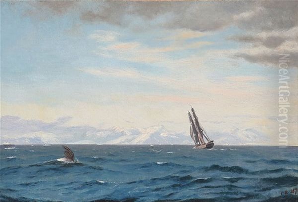 Humpback Whale And Sailing Ship In The Davis Strait Oil Painting by Carl (Jens Erik C.) Rasmussen