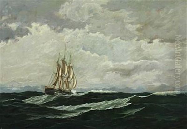 Seascape With Warship In High Seas Oil Painting by Carl (Jens Erik C.) Rasmussen