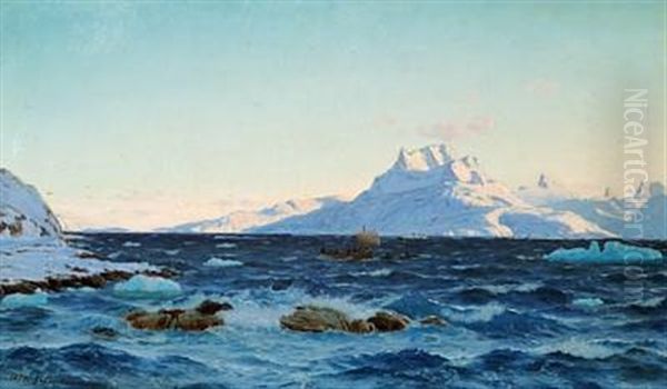A Greenlandic Fiord In The Early Sunset Oil Painting by Carl (Jens Erik C.) Rasmussen