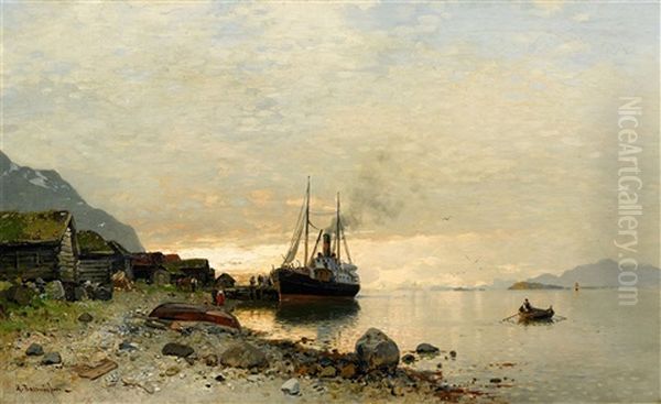 Norwegian Fjord Landscape With A Ship Oil Painting by Georg Anton Rasmussen