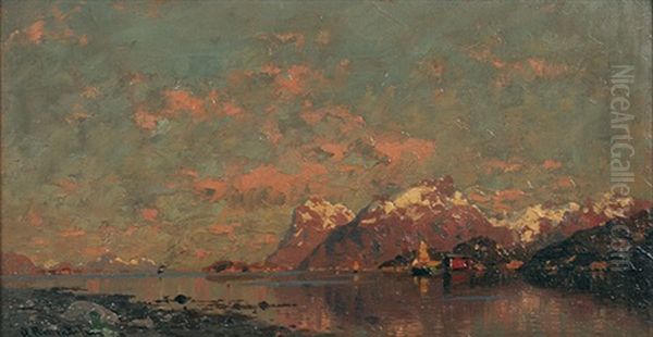 Norwegische Fjordlandschaft Im Abendrot Oil Painting by Georg Anton Rasmussen