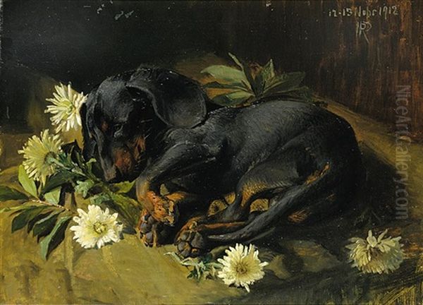 Untitled - Sleeping Puppy Oil Painting by Niels Pieter Rasmussen
