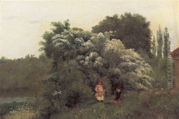 Dreng Og Pige Under Nyudsprungen Hvidtjorn Oil Painting by Niels Pieter Rasmussen