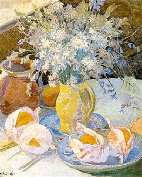 Still Life Of Mixed Flowers In Ajug, Tangerines And Plates On A Table Oil Painting by William Ratcliffe