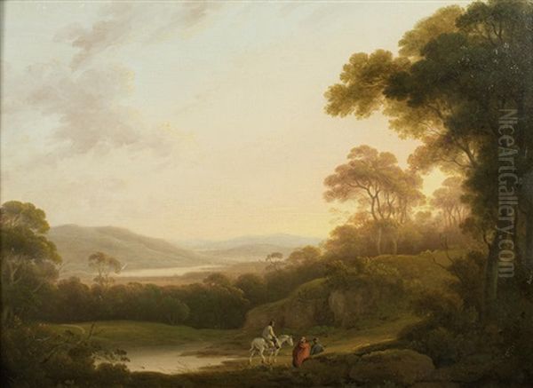 An Italianate Landscape With Figures On A Path; And An Extensive Italianate Landscape With A Drover (2) Oil Painting by John Rathbone