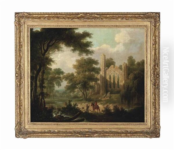 A Wooded River Landscape With A Ruined Abbey And Two Travellers On A Path Oil Painting by John Rathbone