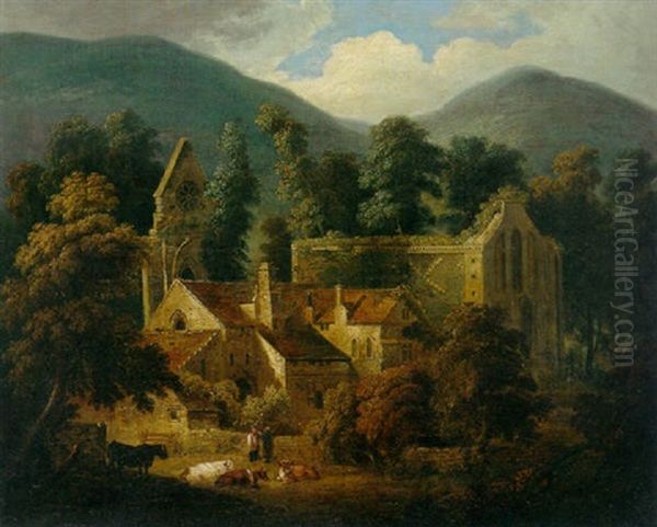 A View Of A Cloister And Church Ruins With Figures By A Wall And Cows Resting In The Foreground Oil Painting by John Rathbone
