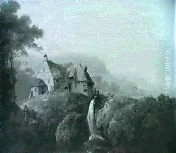 Figures Before A Mill, An Extensive Landscape Beyond Oil Painting by John Rathbone