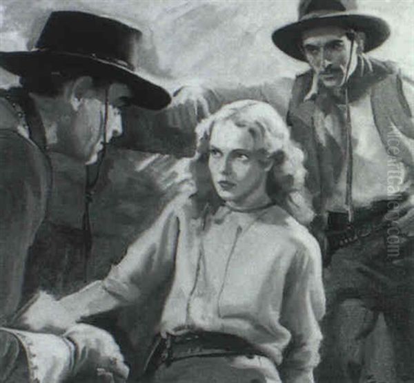 Woman Surrounded By Cowboys Oil Painting by Walter G. Ratterman