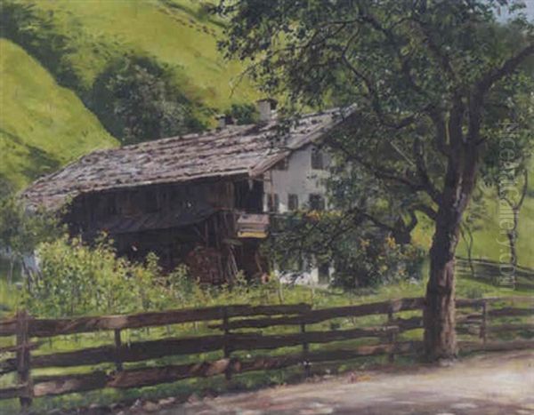 Oberbayerisches Bauernhaus Mit Garten (in Der Ramsau?) Oil Painting by Emil Rau