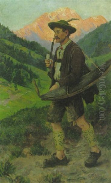 Oberbayerischer Holzarbeiter Im Gebirgstal Auf Dem Heimweg Oil Painting by Emil Rau