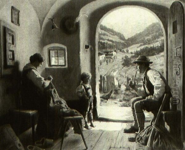 A Tyrolean Family Oil Painting by Emil Rau