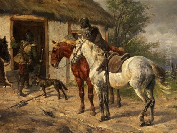 Soldaten Vor Einer Bauernhutte Oil Painting by Wilhelm Karl Raeuber
