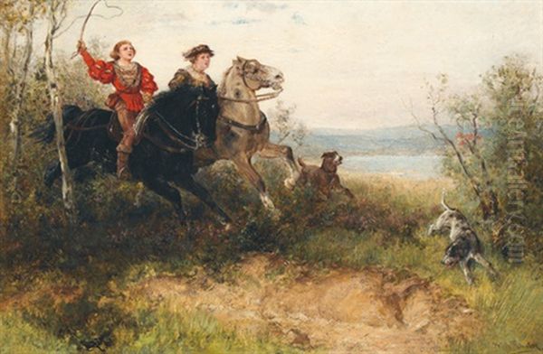 Parforcejagd Mit Zwei Reitern In Historischen Kostumen Oil Painting by Wilhelm Karl Raeuber