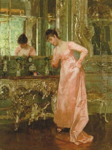 Interior Med Kvinna Vid Spegel Oil Painting by Albert Raudnitz