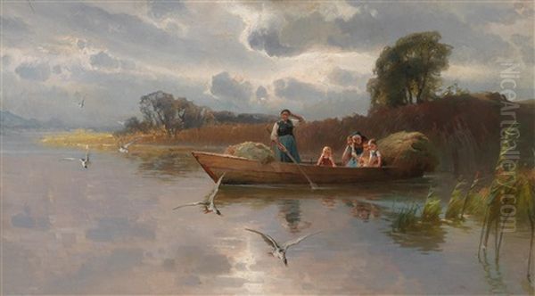 Hay Boat On Lake Chiemsee Oil Painting by Karl Raupp