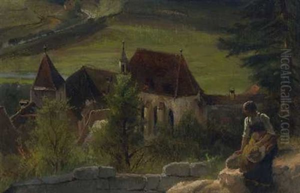 Pappenheim - Junge Frau An Der Mauer Uber Der Klosterkirche Oil Painting by Karl Raupp